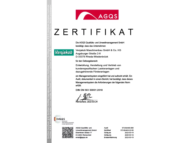 MS Zertifikat 50001 D. Venjakob Maschinenbau.