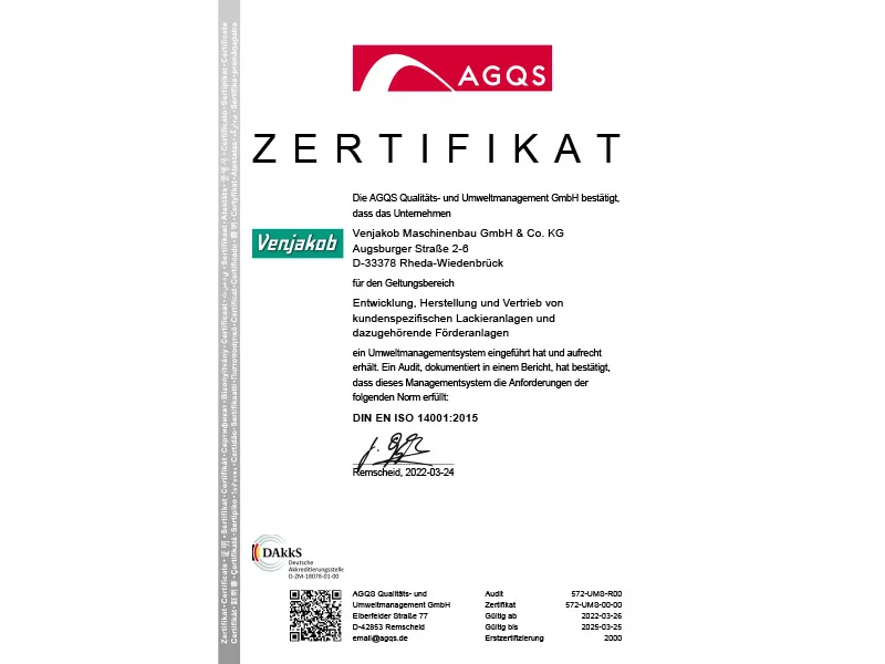 UMS Zertifikat 14001 D. Venjakob Maschinenbau.